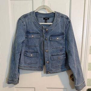 Aqua Light Blue Cropped Collarless Denim Jacket with Front Pockets Size XL